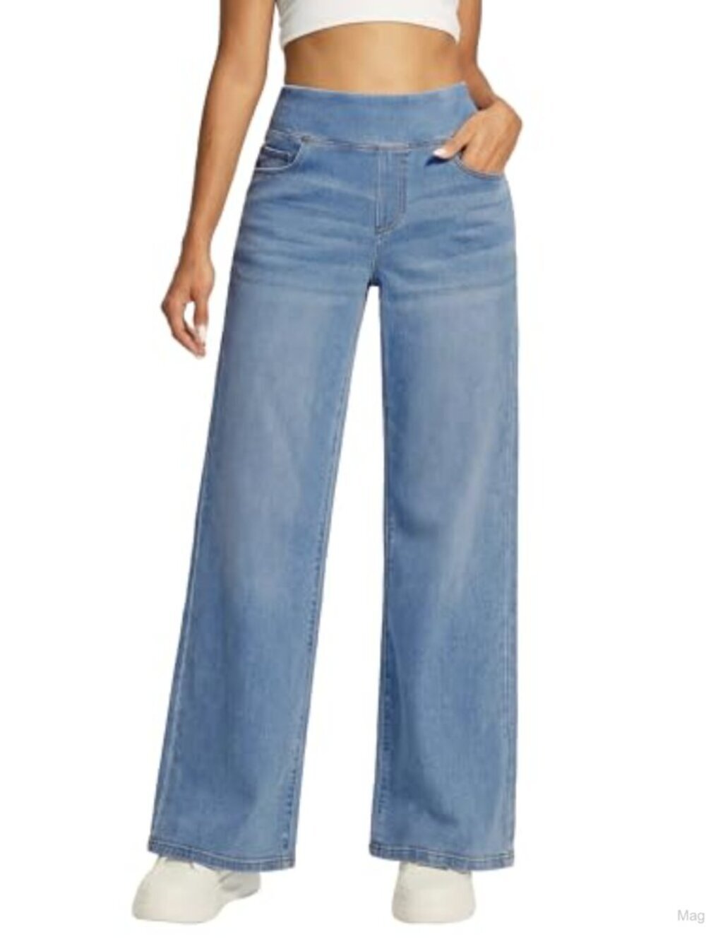 Wide Leg Women's Jeans High Waist Pull On Stretchy Baggy Denim Pants